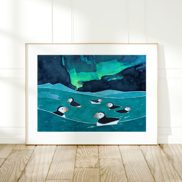 Puffins & Northern Lights Print