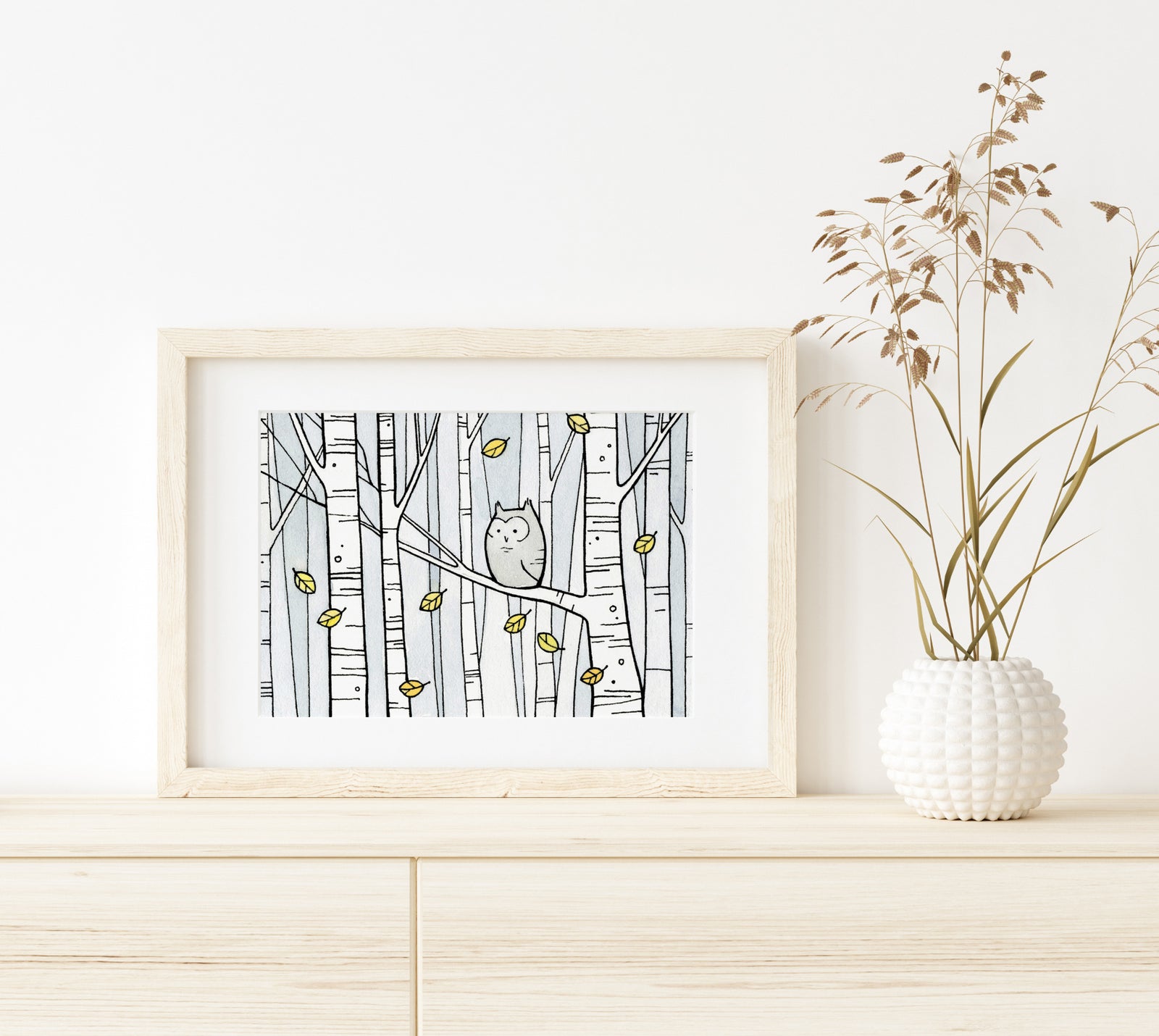 Screech Owl & Birches Woodland Owl Illustration, Nursery Wall Art