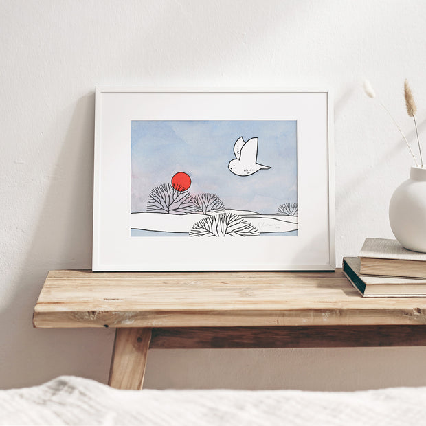 Snowy Owl & Red Sun Print