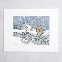 Owl and Farmhouse in Snow Print