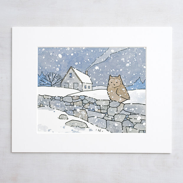 Owl and Farmhouse in Snow Print