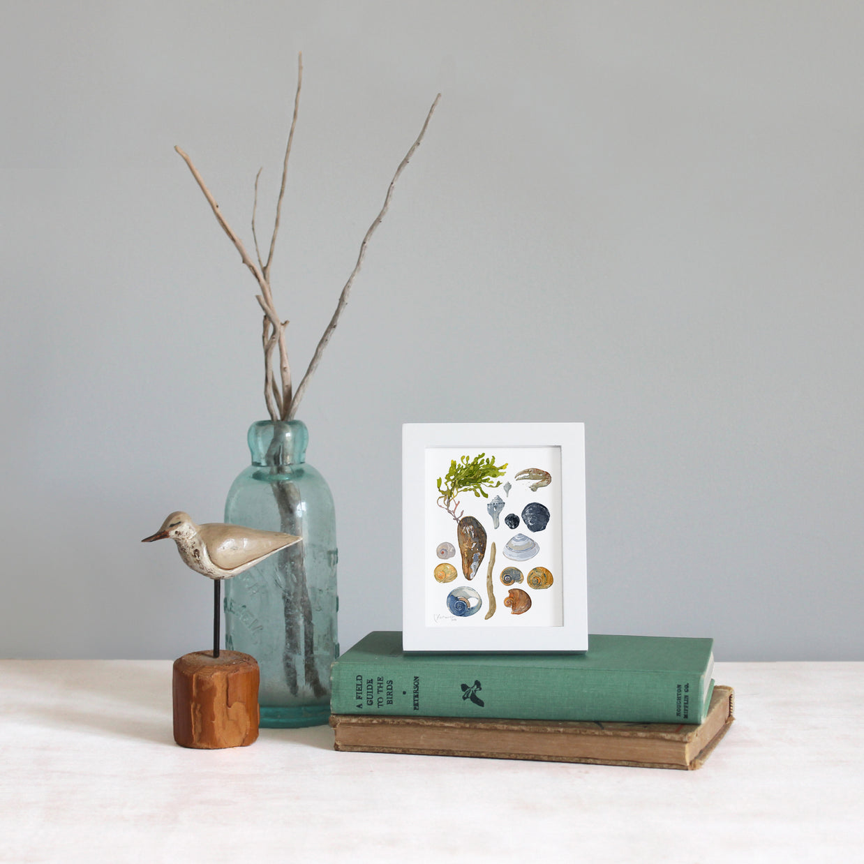 Shells and Seaweed Framed Watercolor Print Tabletop Frame