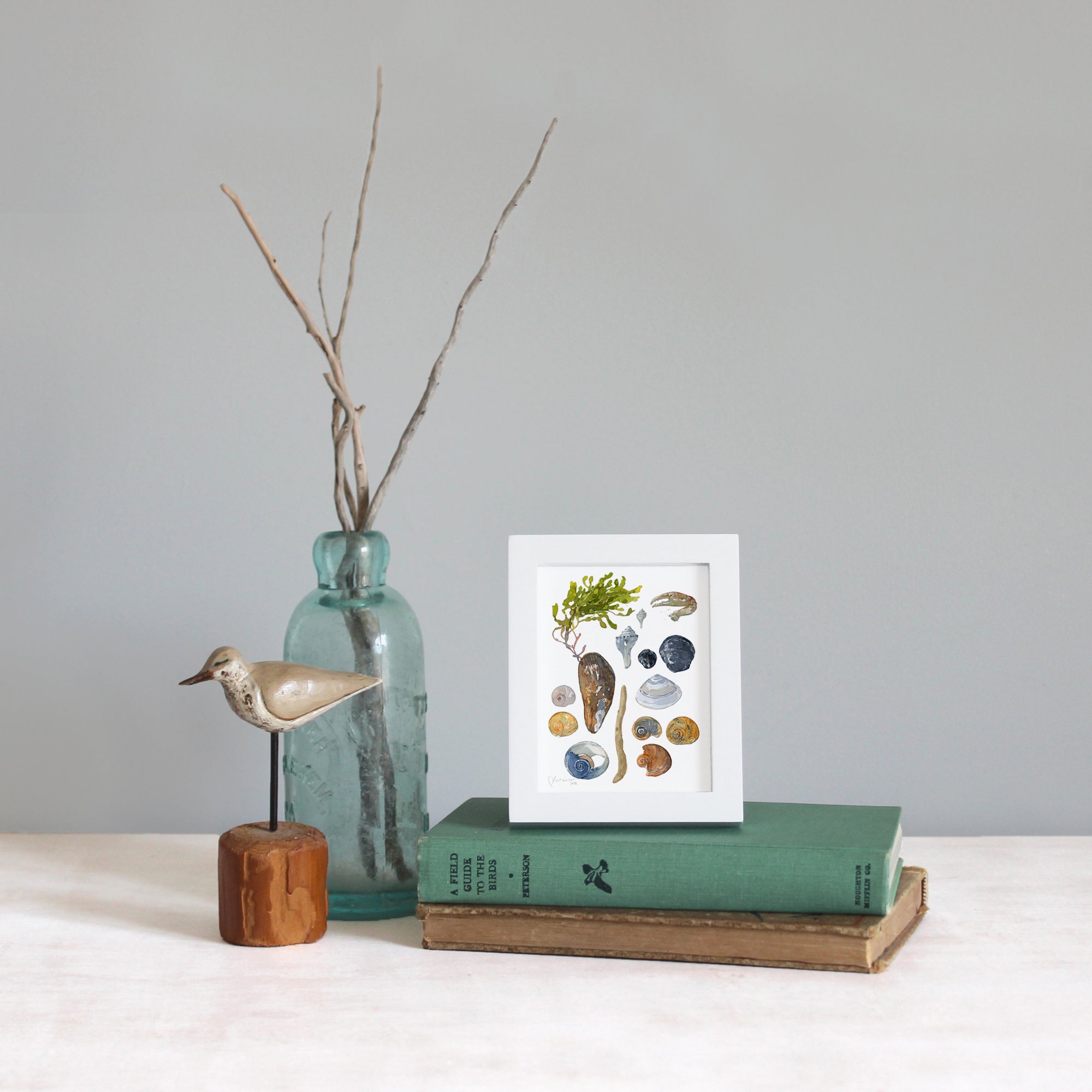 Shells and Seaweed Framed Watercolor Print Tabletop Frame