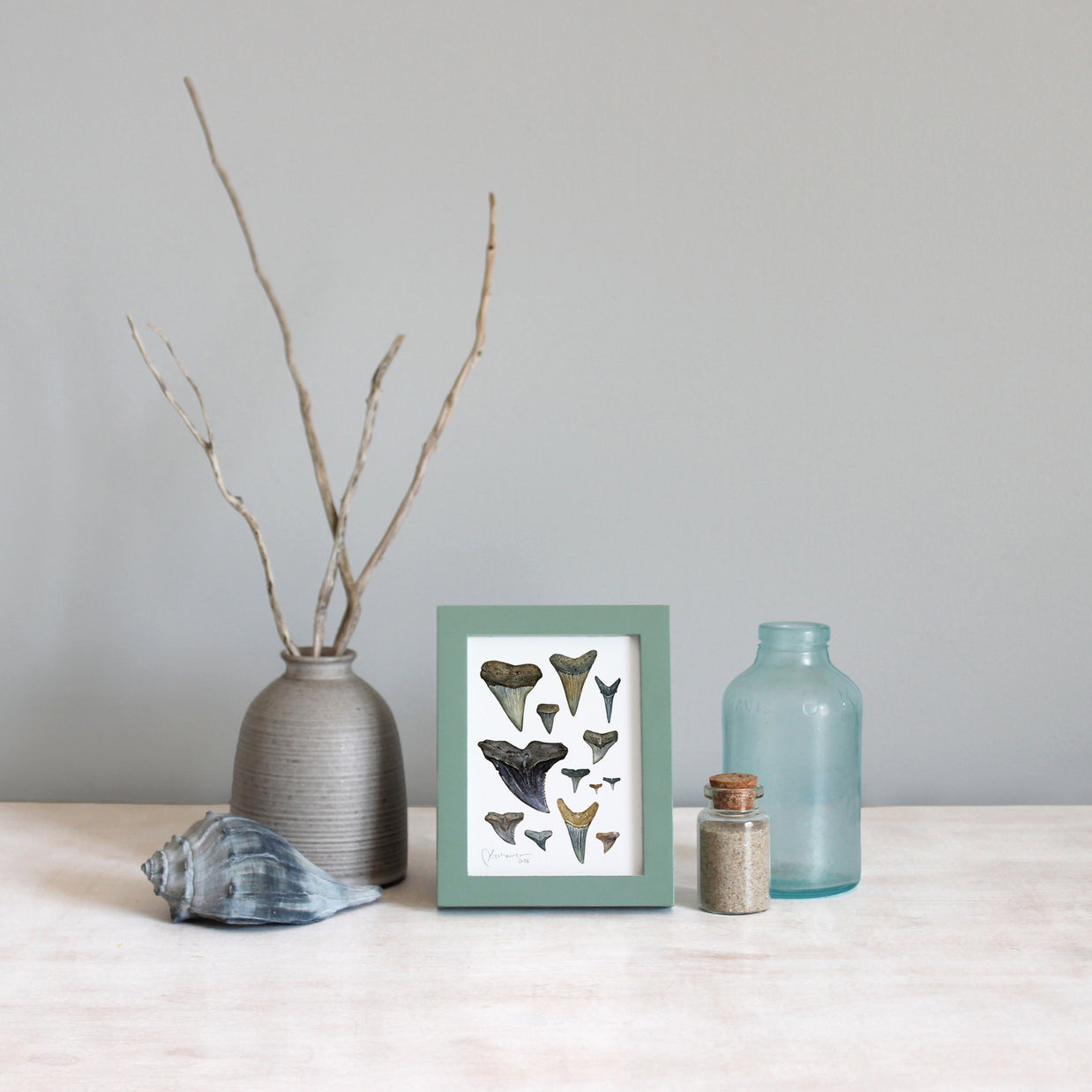 Shark Teeth Watercolor Art: Mini Framed Print