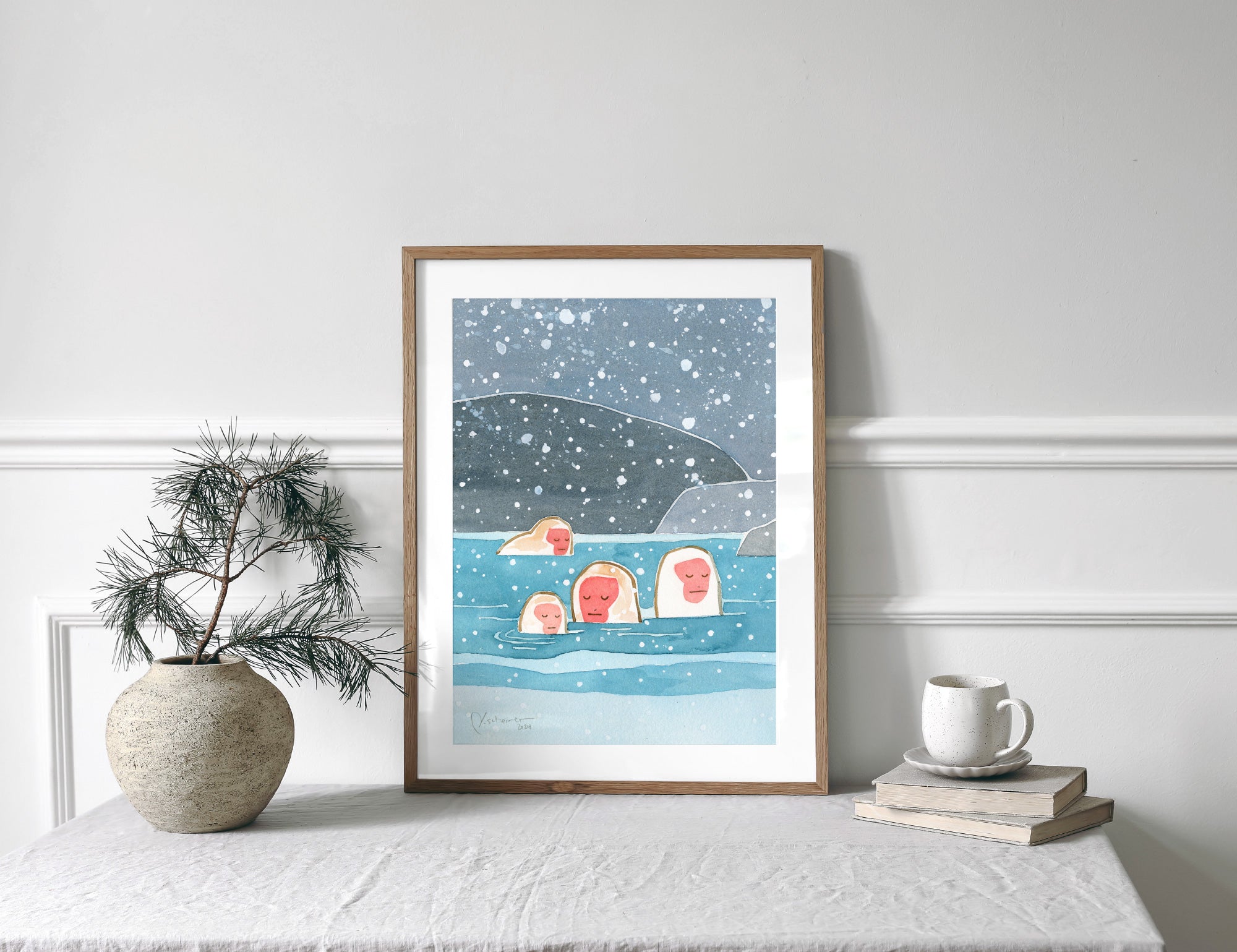 Japanese Snow Monkeys Print, Snowy Winter Animal Print