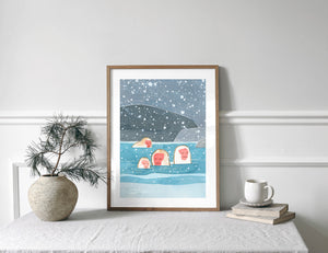 Japanese Snow Monkeys Print, Snowy Winter Animal Print