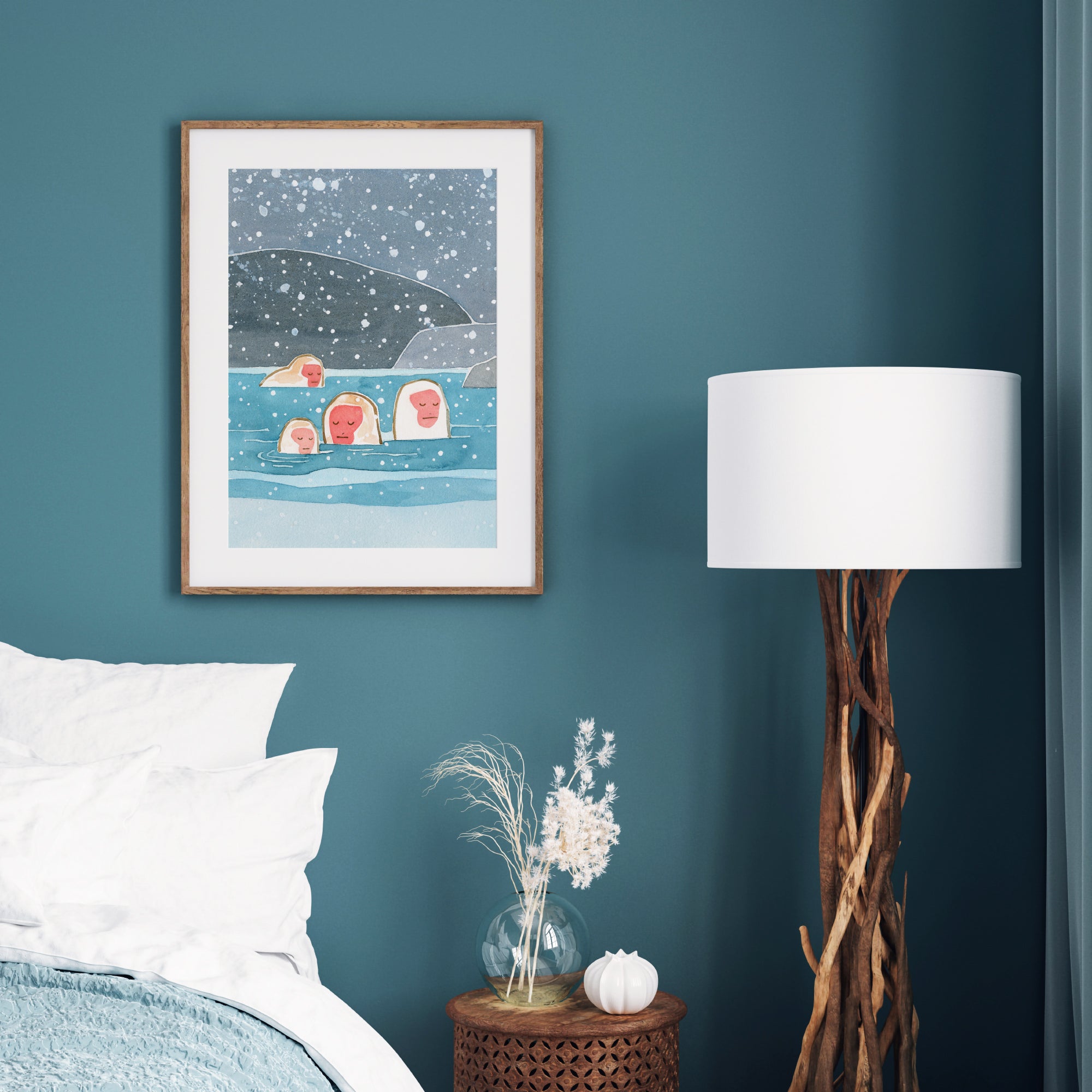Japanese Snow Monkeys Print, Snowy Winter Animal Print