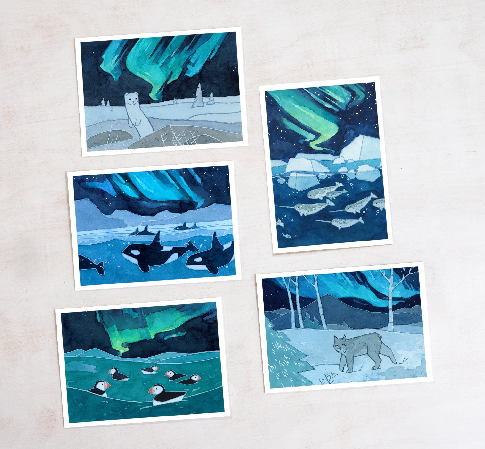 Northern Lights Christmas Card Set 2, Animal Holiday Cards
