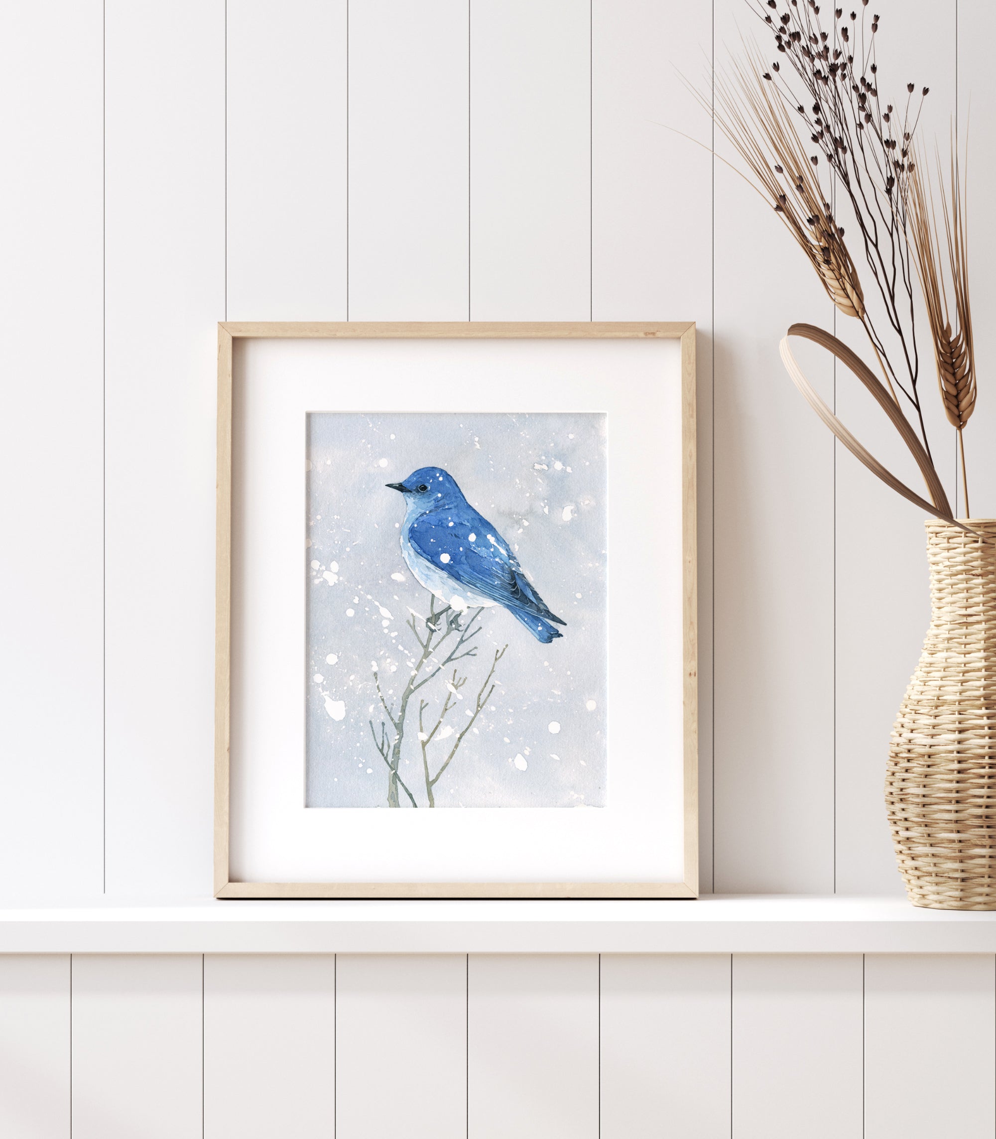 Mountain Bluebird in Snow Print, Winter Watercolor Bird Painting