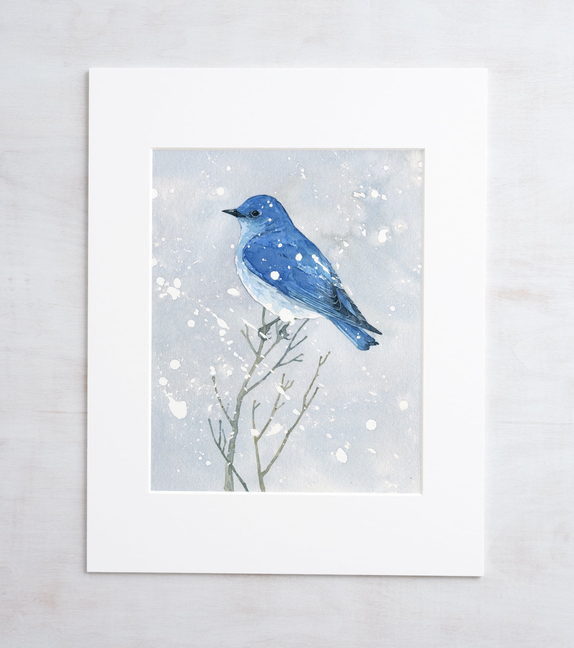 Mountain Bluebird in Snow Print, Winter Watercolor Bird Painting