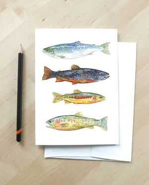 Fish Watercolor Art Card, Fathers Day Card, Colorful Trout and Fly Fishing Card