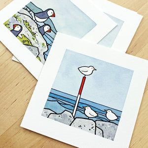 Miniature Sea Gulls Beach Print Watercolor Illustration 3x3 or 5x5