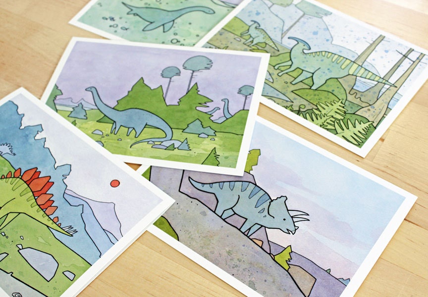 Dinosaur Card Set, 10 Illustrated Cards, Fun Dinosaur Cards for Kids
