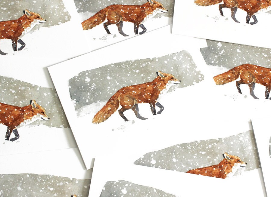 Fox in Snow Christmas Card Set, Winter Watercolor Greeting Cards, Holiday Cards