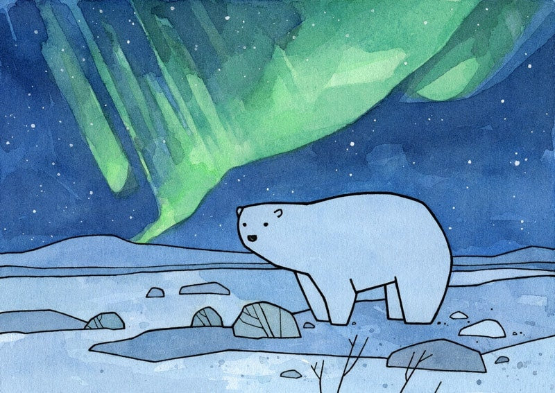 Polar Bear and Northern Lights Card Set, Christmas Holiday Stationery