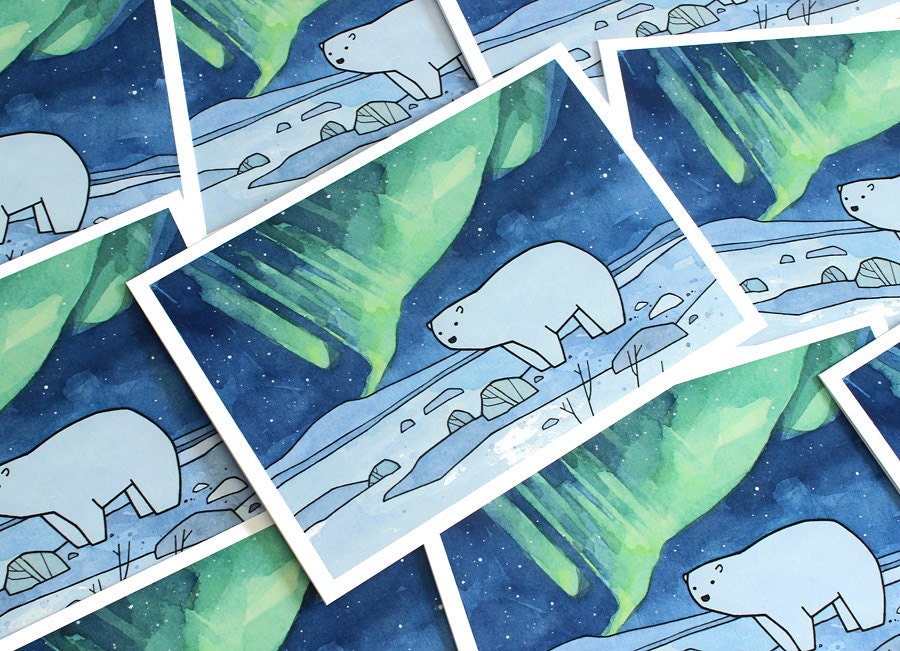 Polar Bear and Northern Lights Card Set, Christmas Holiday Stationery