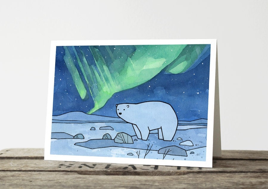 Polar Bear and Northern Lights Card Set, Christmas Holiday Stationery