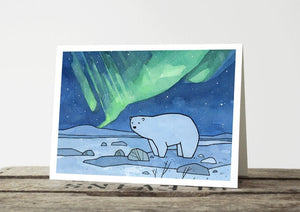Polar Bear and Northern Lights Card Set, Christmas Holiday Stationery