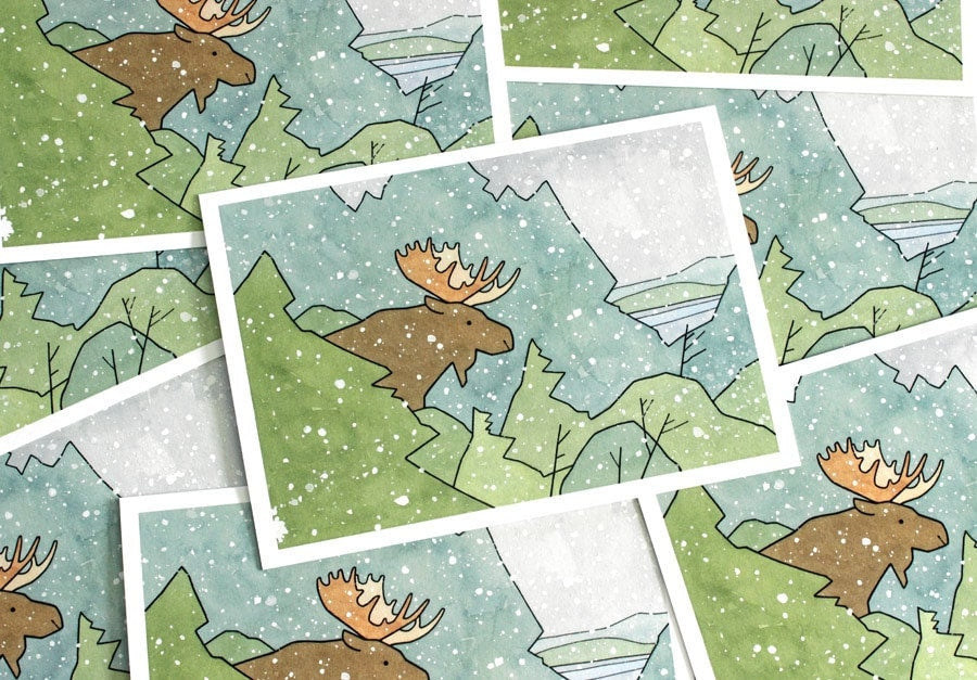 Moose Christmas Card Set, Winter Nature Holiday Stationery