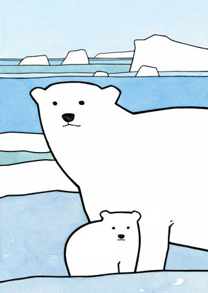 Polar Bear Cub Art Print, Cute Arctic Animal Illustration, Mom and Baby