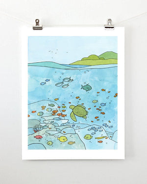 Sea Turtle Wall Art, Coral Reef Nursery Ocean Print, Limited Edition