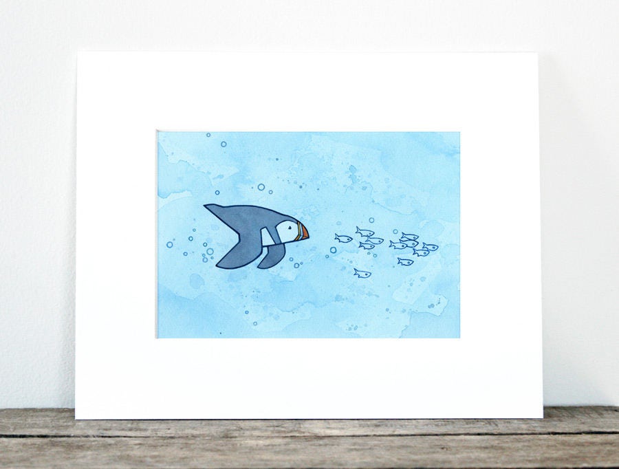 Swimming Puffin Art Watercolor Print, Whimsical Illustration Wall Art, Maine Coastal Art