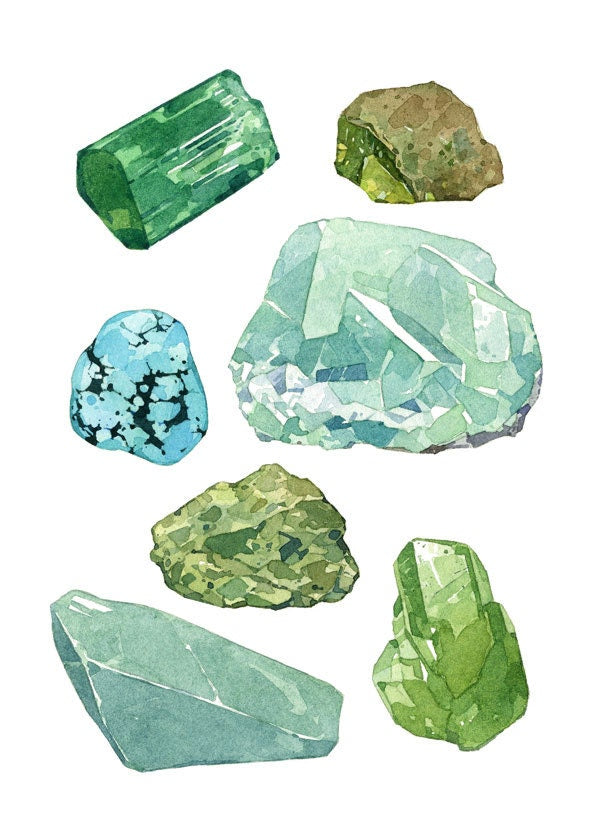 Green Minerals Watercolor Print, Gems and Crystals Art Print