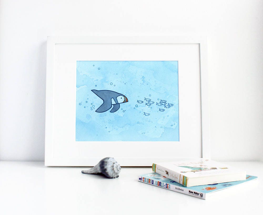 Swimming Puffin Art Watercolor Print, Whimsical Illustration Wall Art, Maine Coastal Art