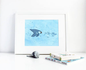 Swimming Puffin Art Watercolor Print, Whimsical Illustration Wall Art, Maine Coastal Art