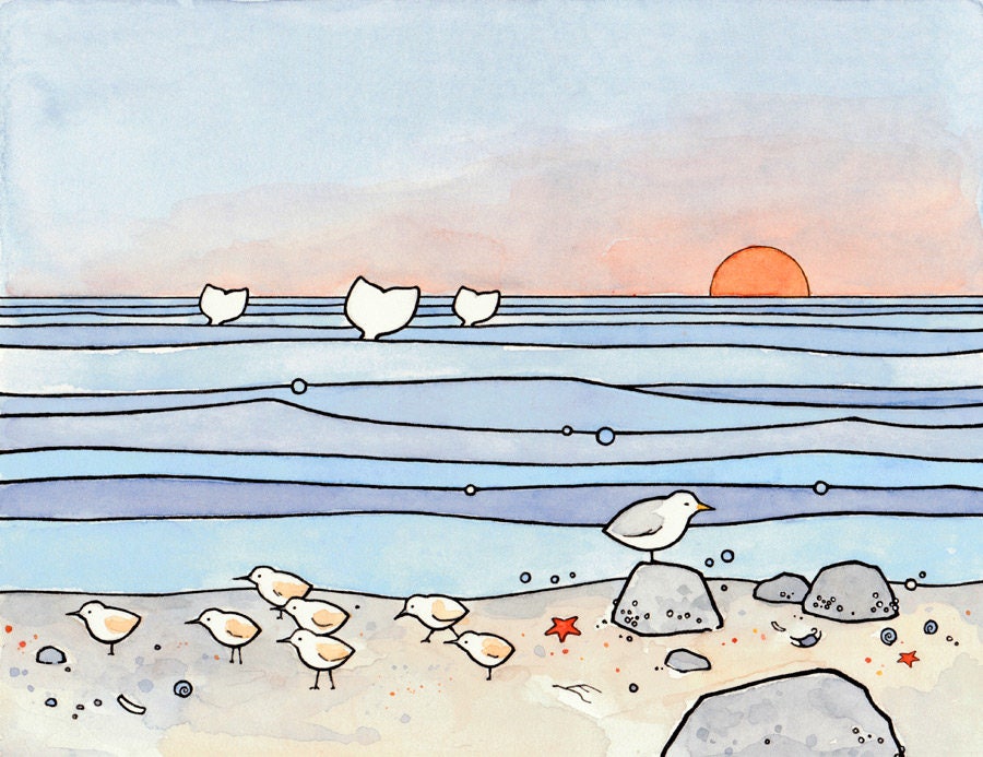 Beach Illustration Sandpipers and Whales Print, Coastal Shore Art Illustration