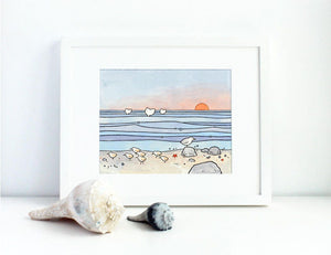 Beach Illustration Sandpipers and Whales Print, Coastal Shore Art Illustration