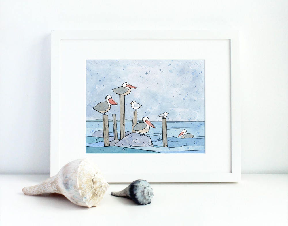 Pelicans in Rain Art Print, Coastal Nursery Wall Art, Ink and Watercolor Bird Illustration