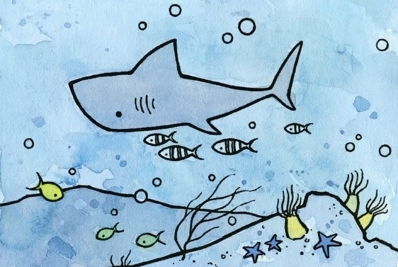 Shark Nursery Illustration Print, Ocean Art for Kids Room, Whimsical Under the Sea Art