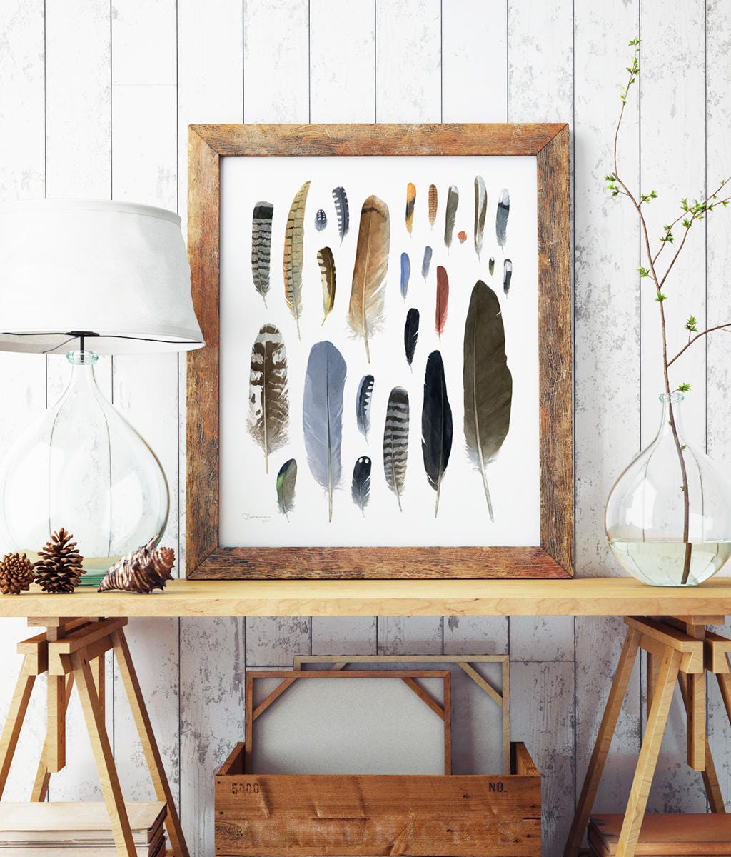 Large feathers Watercolor Print, Rustic Nature Wall Art, Natural History Art