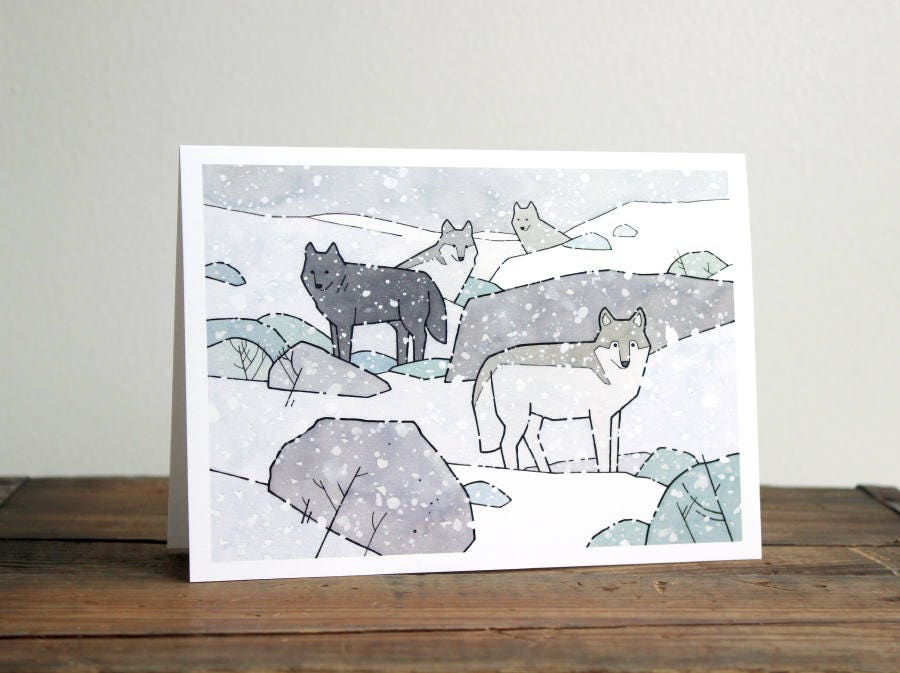 Wolf Pack Christmas Card, Winter Animal In Snow Holiday Stationery