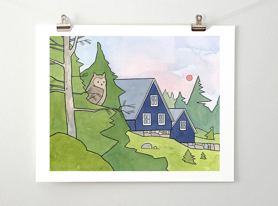 Owl and Cabin Print, Woodland Bird Illustration, Scandinavian Nursery Wall Art, Dorm Art