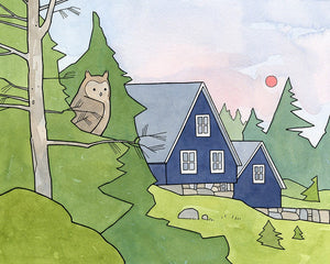 Owl and Cabin Print, Woodland Bird Illustration, Scandinavian Nursery Wall Art, Dorm Art