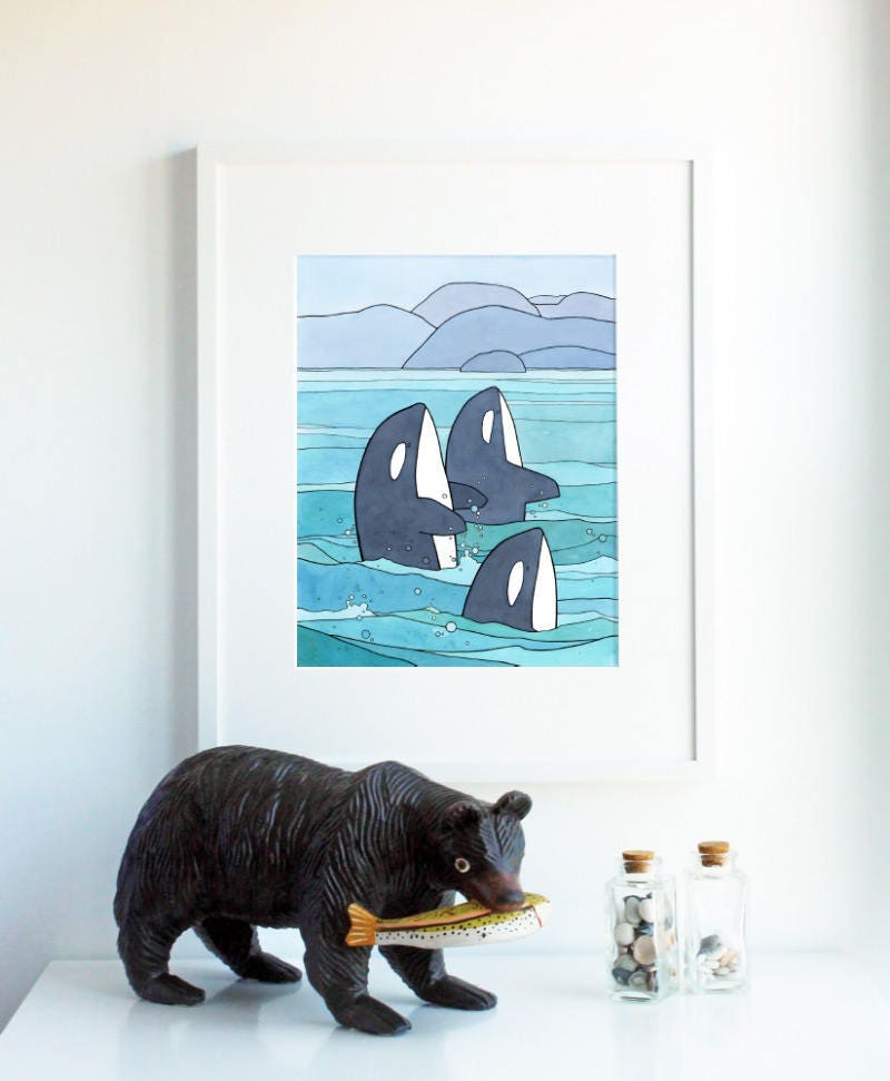 Orca Print, Killer Whales Illustration, Pacific Northwest Coastal Nursery Art