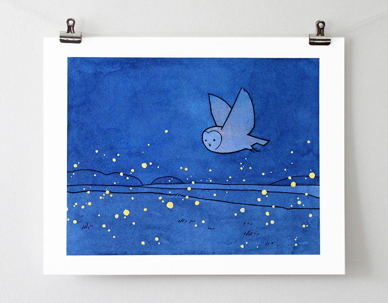 Owl and Fireflies Art Print, Barn Owl Illustration