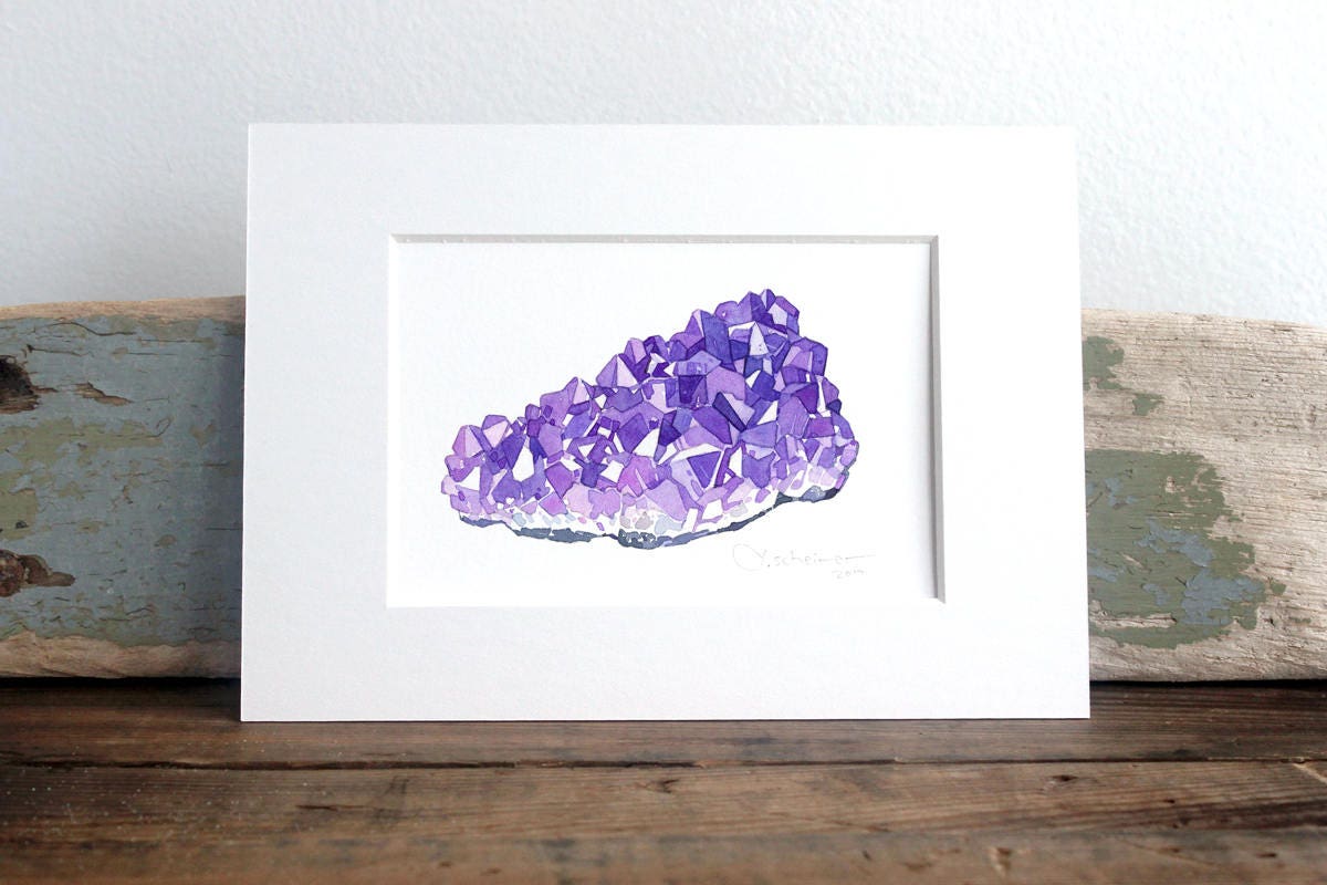 Amethyst Watercolor Print, Crystal Wall Decor, Mineral Painting