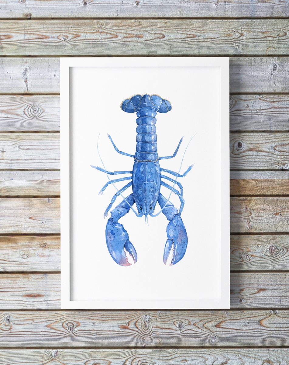 Blue Lobster Watercolor Print, Nautical New England Wall Art