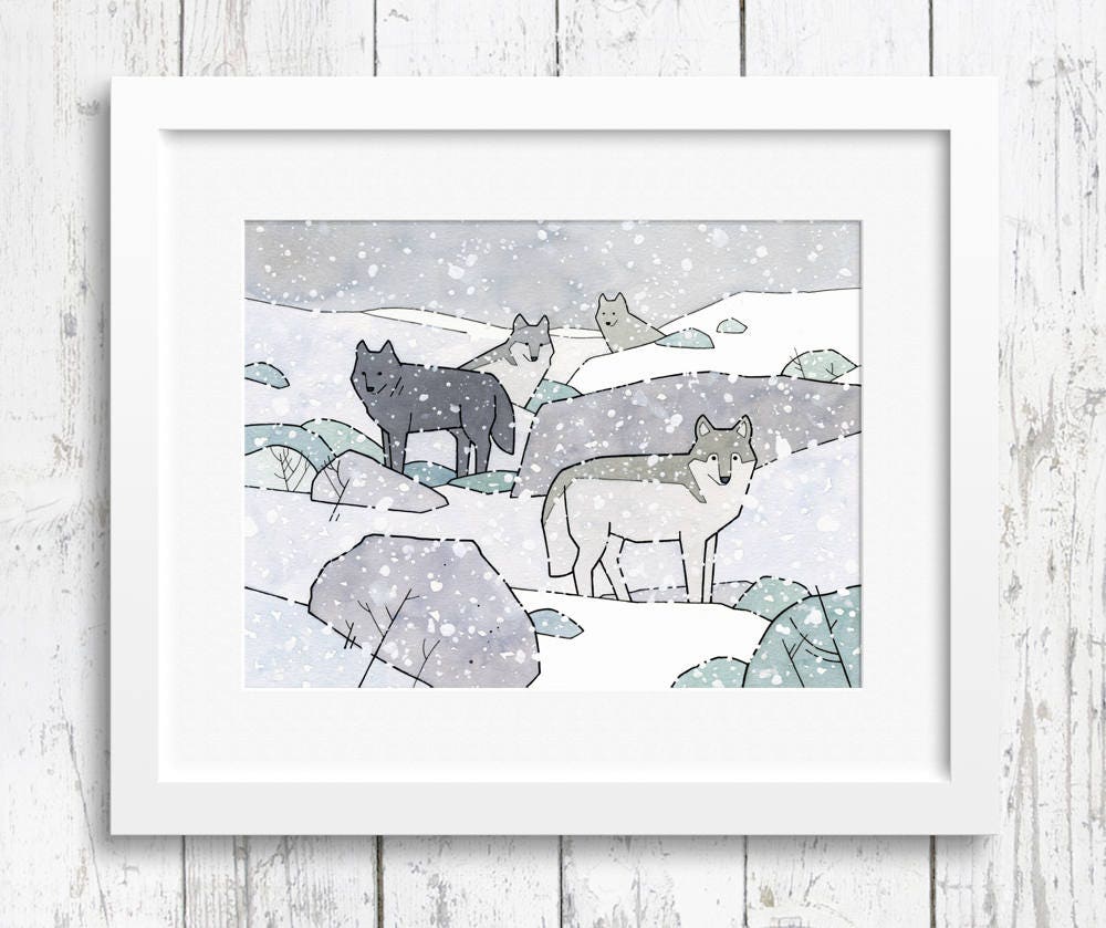 Wolf Nursery Decor, Wolf Pack Wall Art Print, Watercolor Illustration, Kids Wall Decor