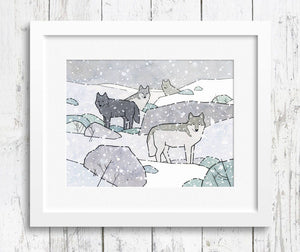 Wolf Nursery Decor, Wolf Pack Wall Art Print, Watercolor Illustration, Kids Wall Decor