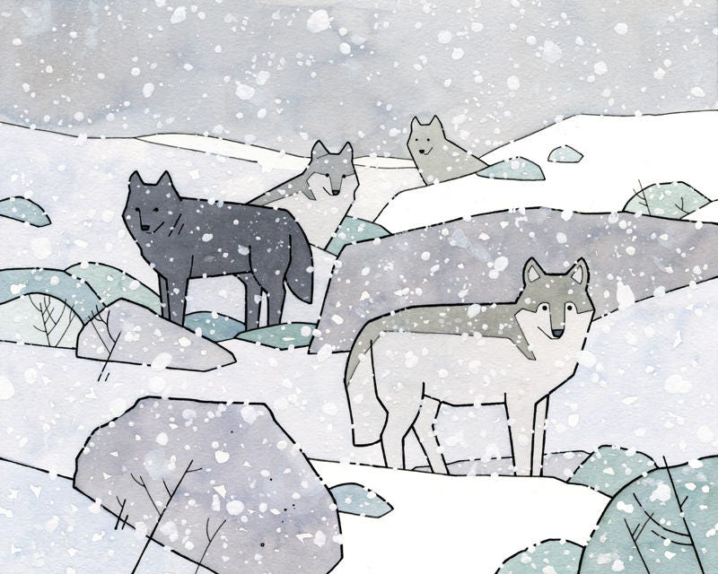 Wolf Nursery Decor, Wolf Pack Wall Art Print, Watercolor Illustration, Kids Wall Decor