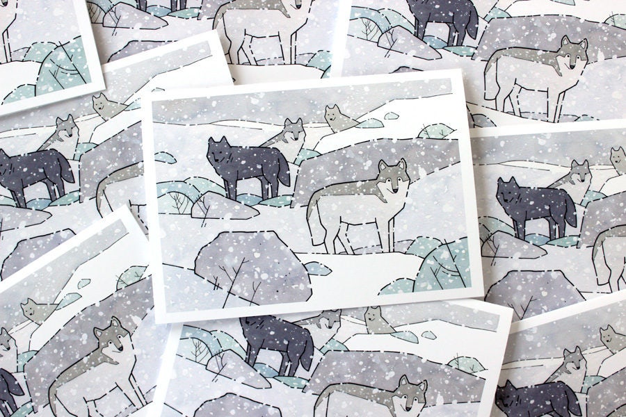 Wolf Pack Holiday Card Set, Whimsical Wildlife Christmas Cards