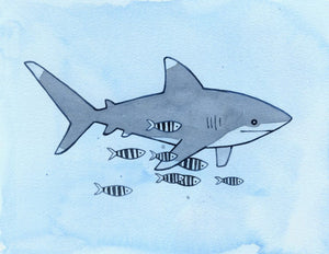 Shark Illustration Print, Shark Nursery Decor, Children's Watercolor Wall Art, White Tip Shark with Pilot Fish