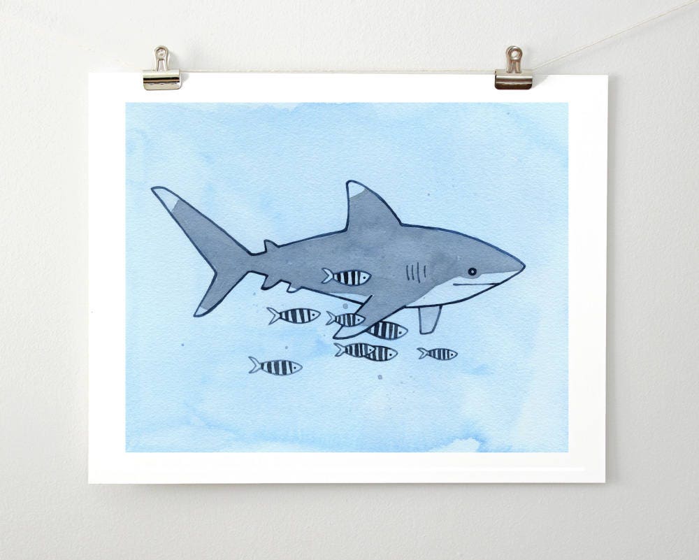 Shark Illustration Print, Shark Nursery Decor, Children's Watercolor Wall Art, White Tip Shark with Pilot Fish