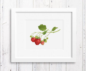 Strawberry Botanical Watercolor Print, Kitchen Decor