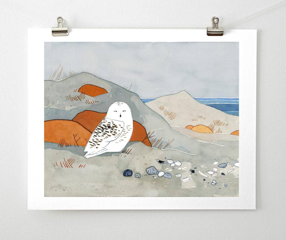 Snowy Owl Beach Watercolor Print, Winter Seashore Art Print