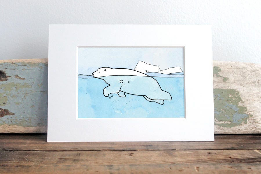 Swimming Polar Bear Print, Mini Art Print, Arctic Wall Decor